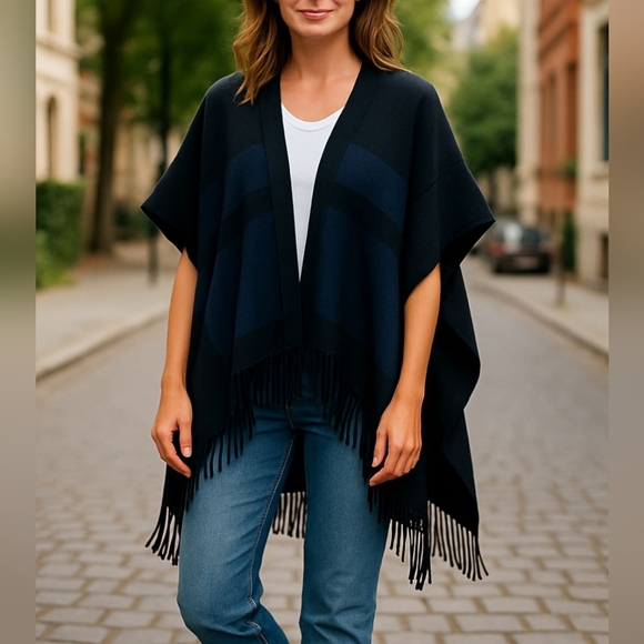 NWT LOFT Blue & Black Oversized Plaid Open Front Poncho Loose Wrap Baggy Top New - Picture 1 of 9